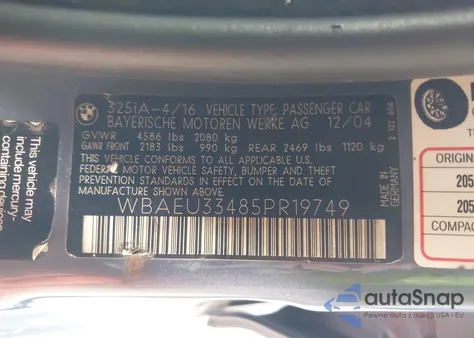 2005 BMW 325 Xi from USA, damaged, VIN WBAEU33485PR19749